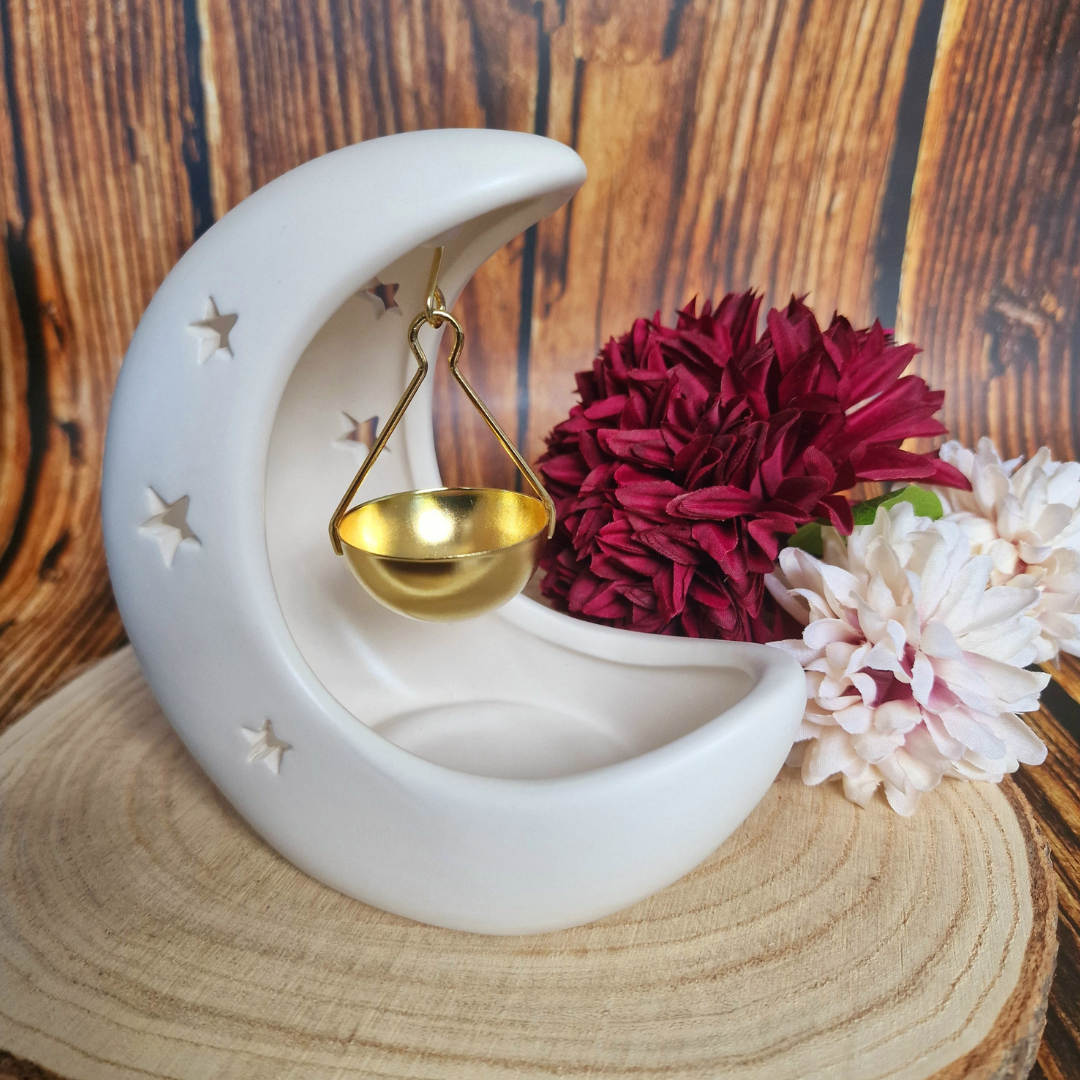 White Crescent Moon Wax/Oil Burner with Gold Hanging Dish