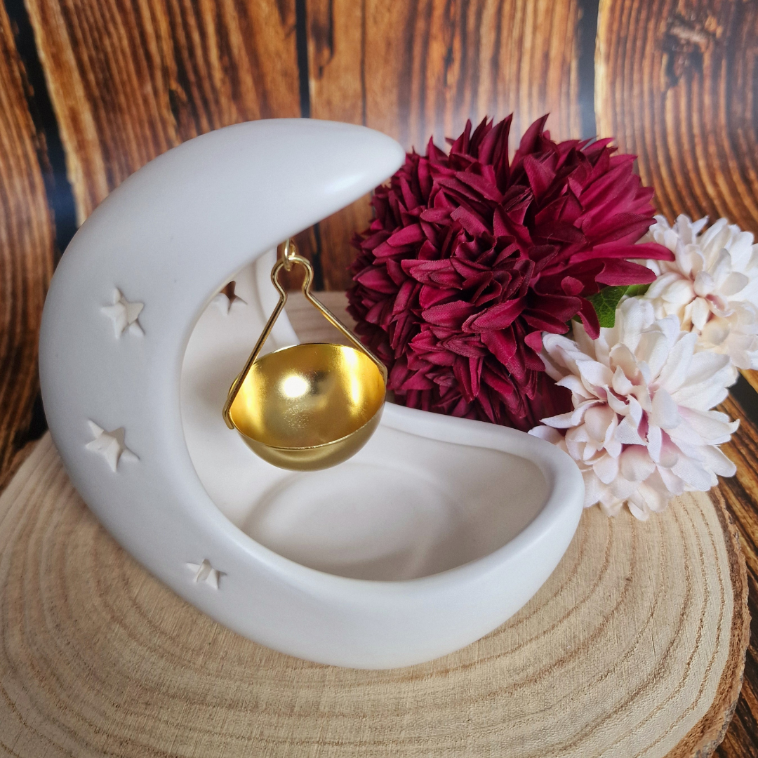 White Crescent Moon Wax/Oil Burner with Gold Hanging Dish