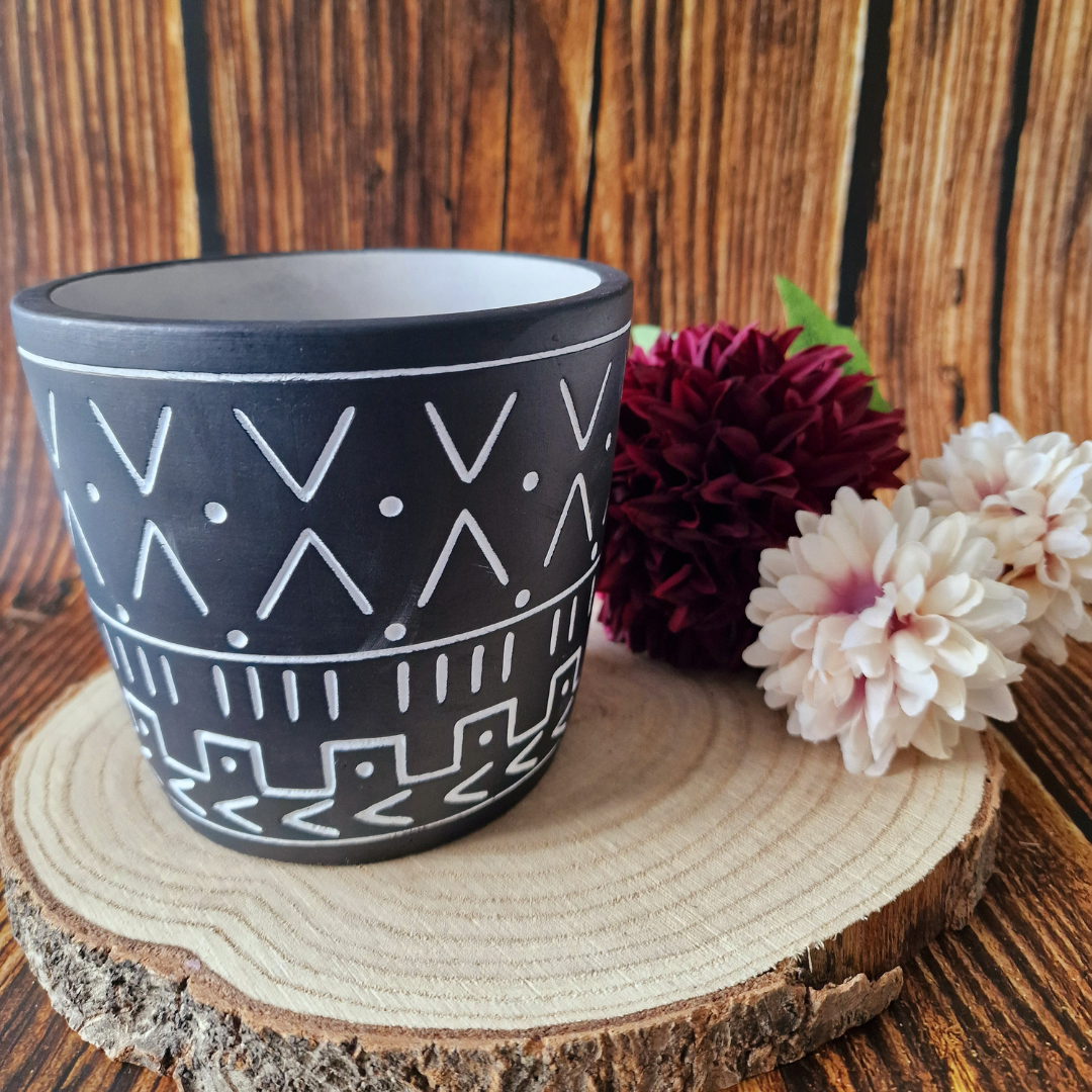 Black and White Aztec Planter Pot - 13cm