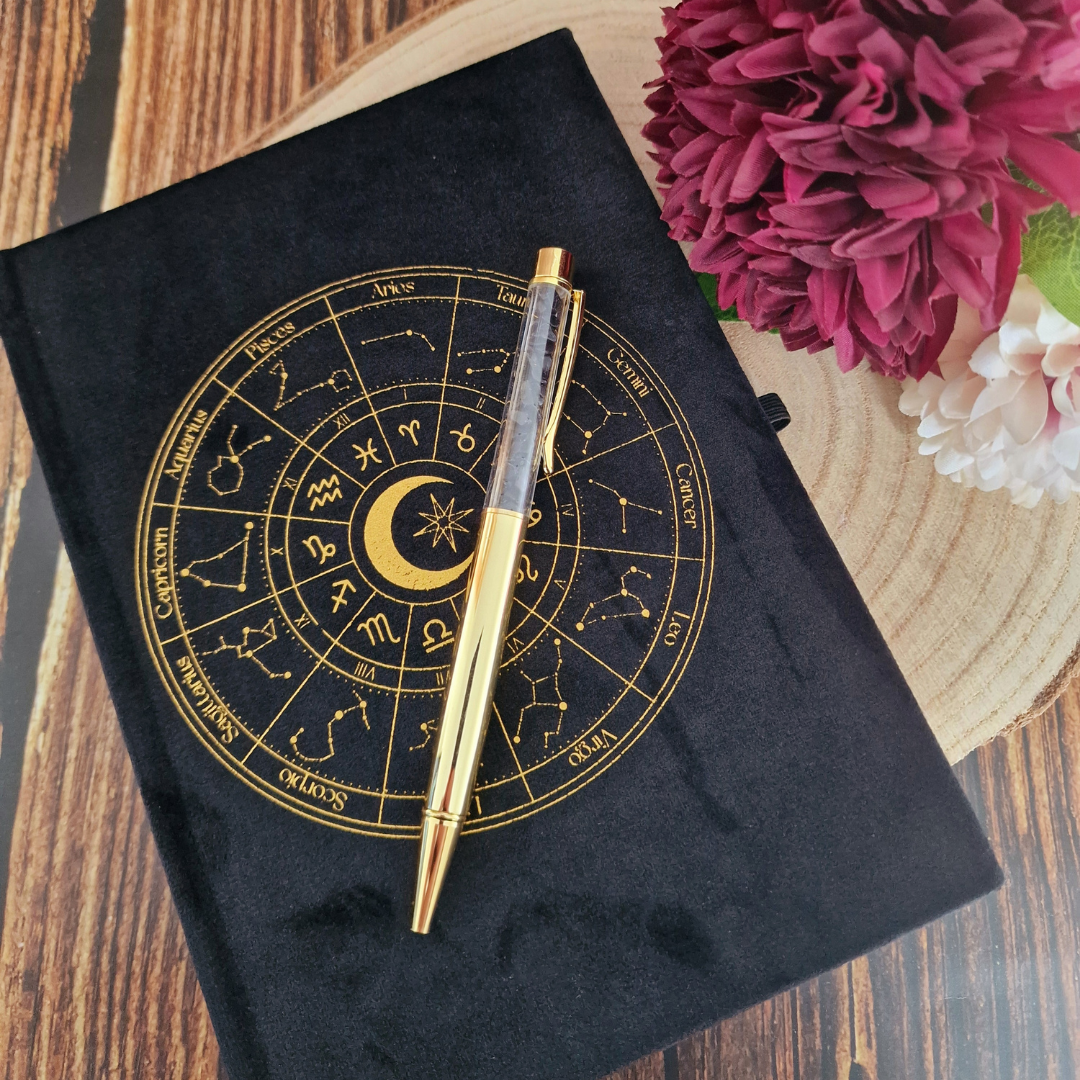 Astrology Wheel A5 Notebook with Black Obsidian Pen