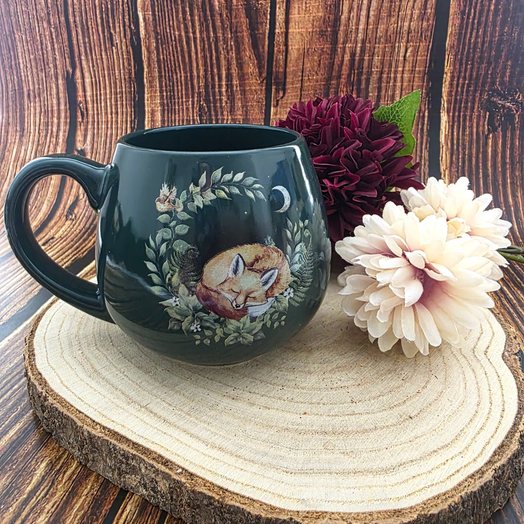 Green Sleeping Fox Rounded Ceramic Mug