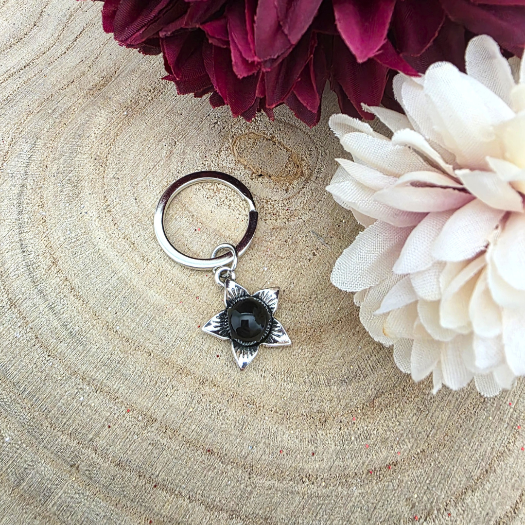 Deadly Nightshade Berry Metal Keyring with Black Obsidian