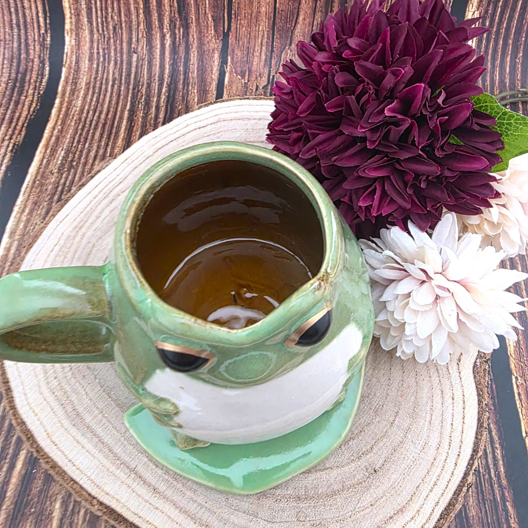 Frog Shaped Ceramic Mug & Lily Pad Saucer