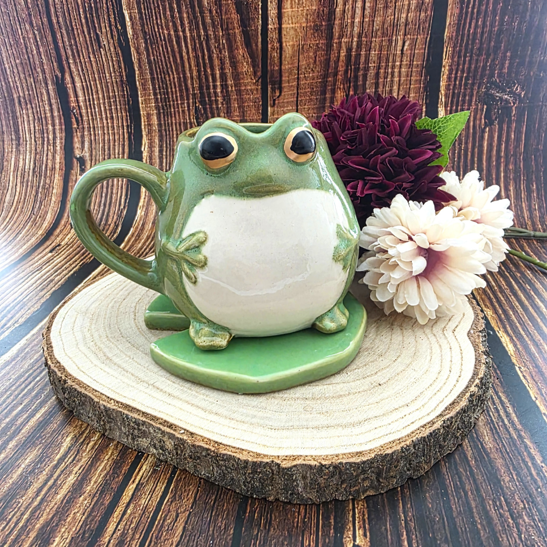 Frog Shaped Ceramic Mug & Lily Pad Saucer