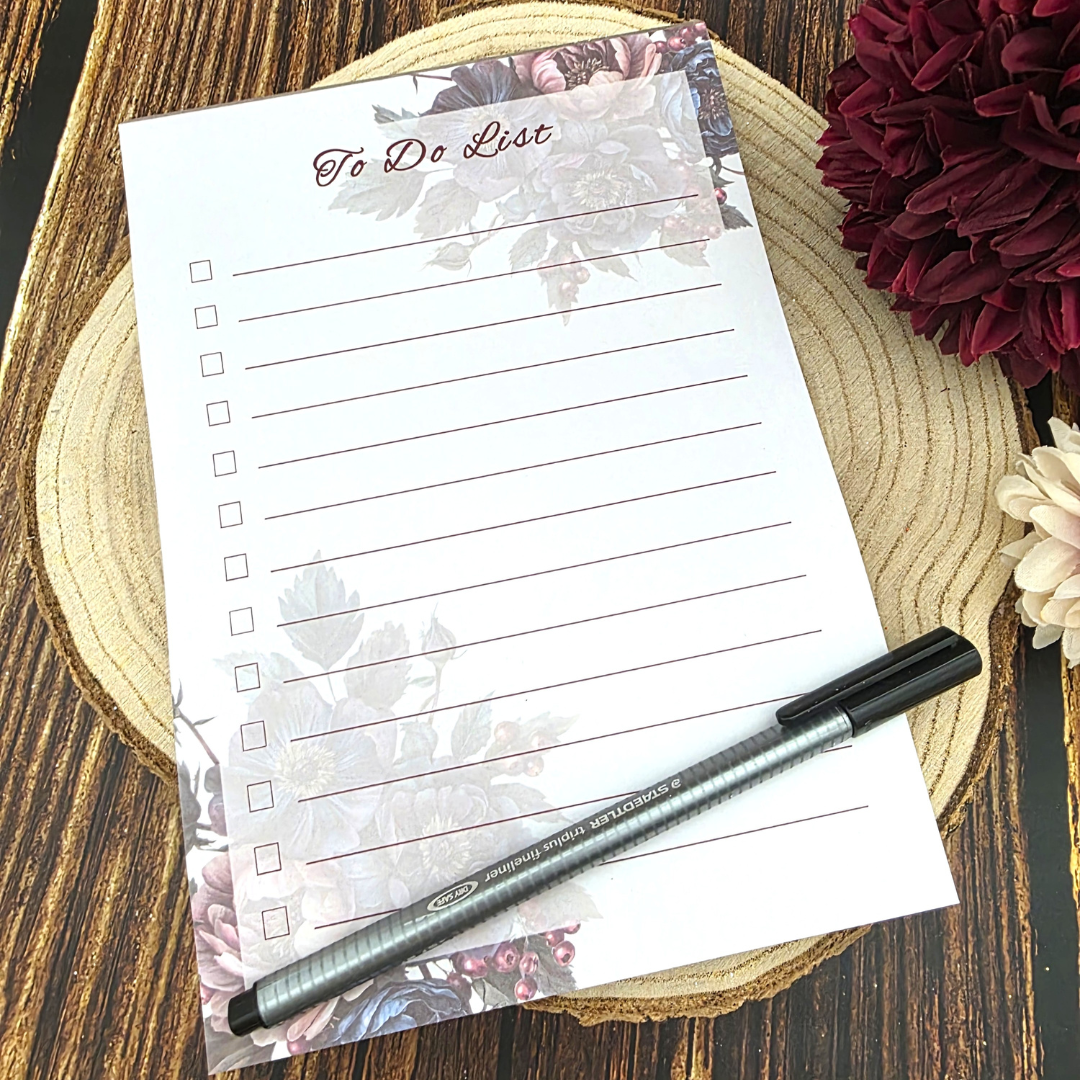 Dark Floral Print A5 To Do List Notepad