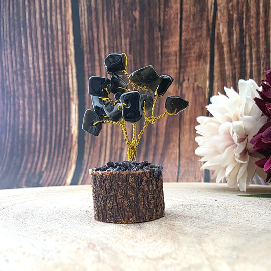 Mini Gemstone Trees on Wood Base - Black Agate