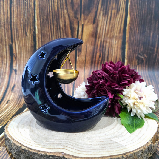 Blue Crescent Moon Burner with Gold Hanging Dish