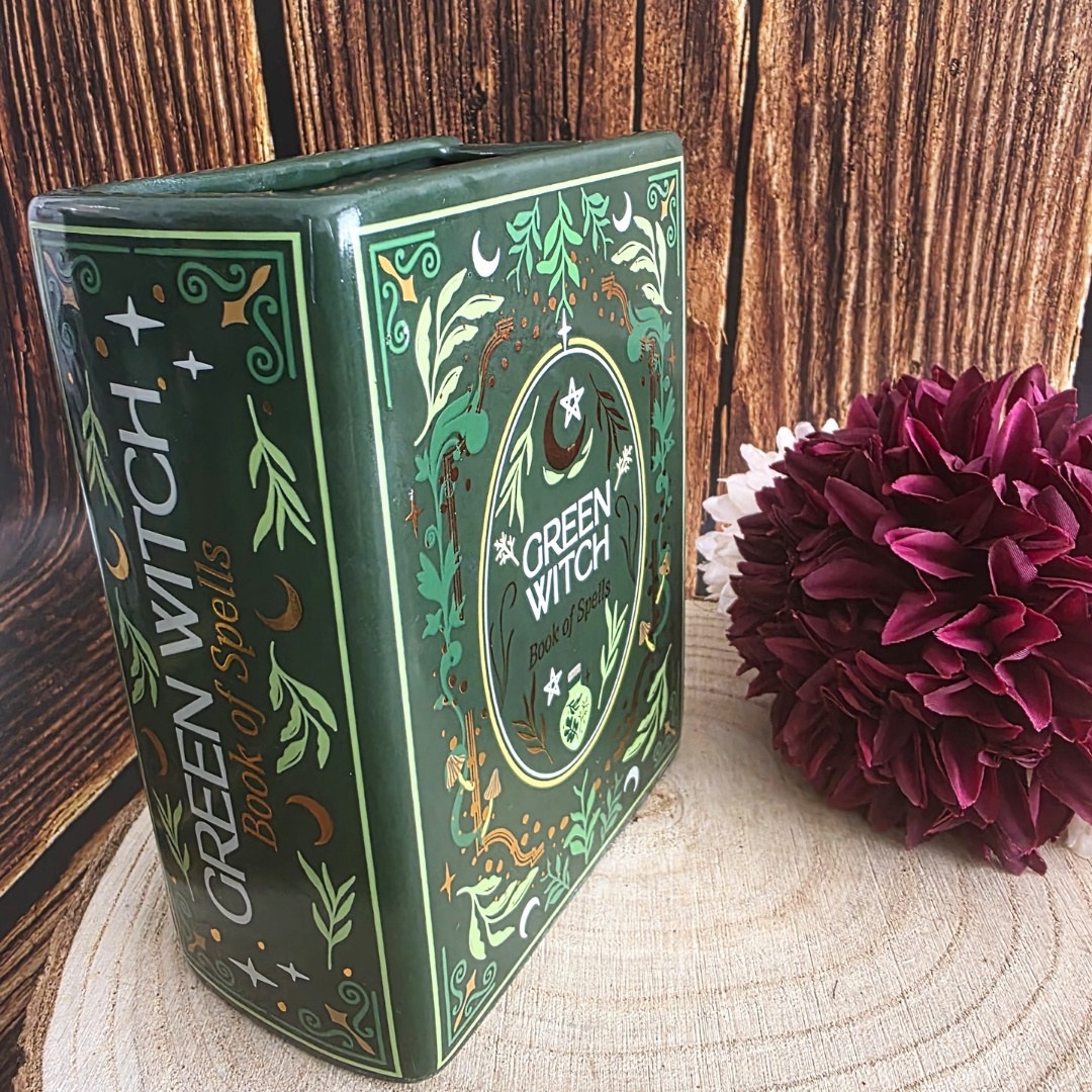 Green Witch Book Shaped Vase