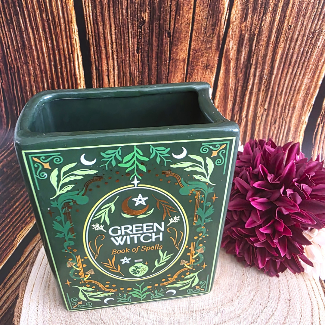Green Witch Book Shaped Vase