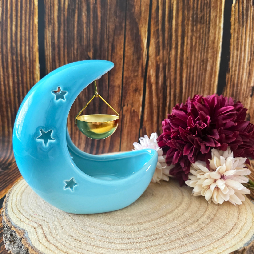 Pastel Blue Crescent Moon Burner with Gold Hanging Dish