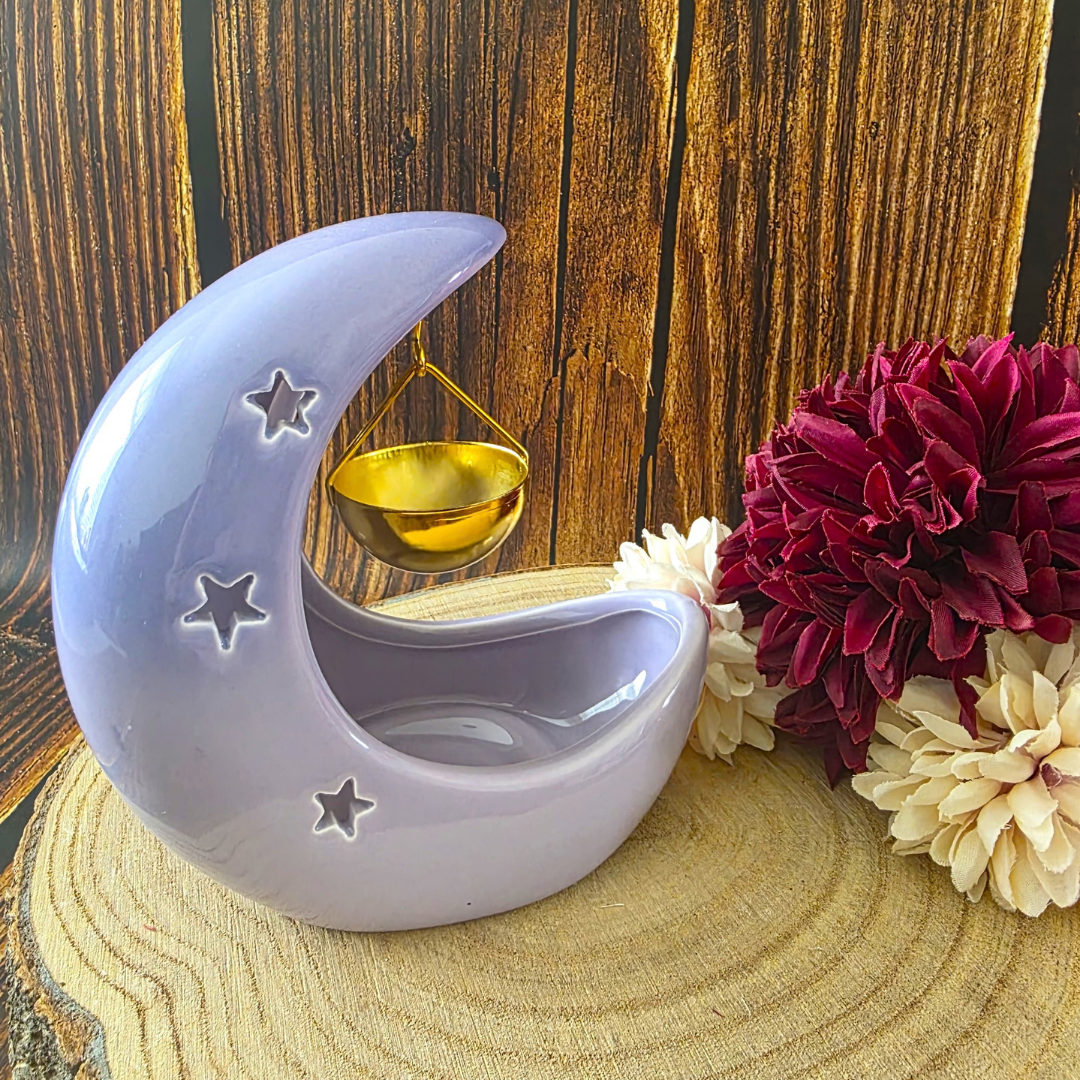 Pastel Purple Crescent Moon Burner with Gold Hanging Dish