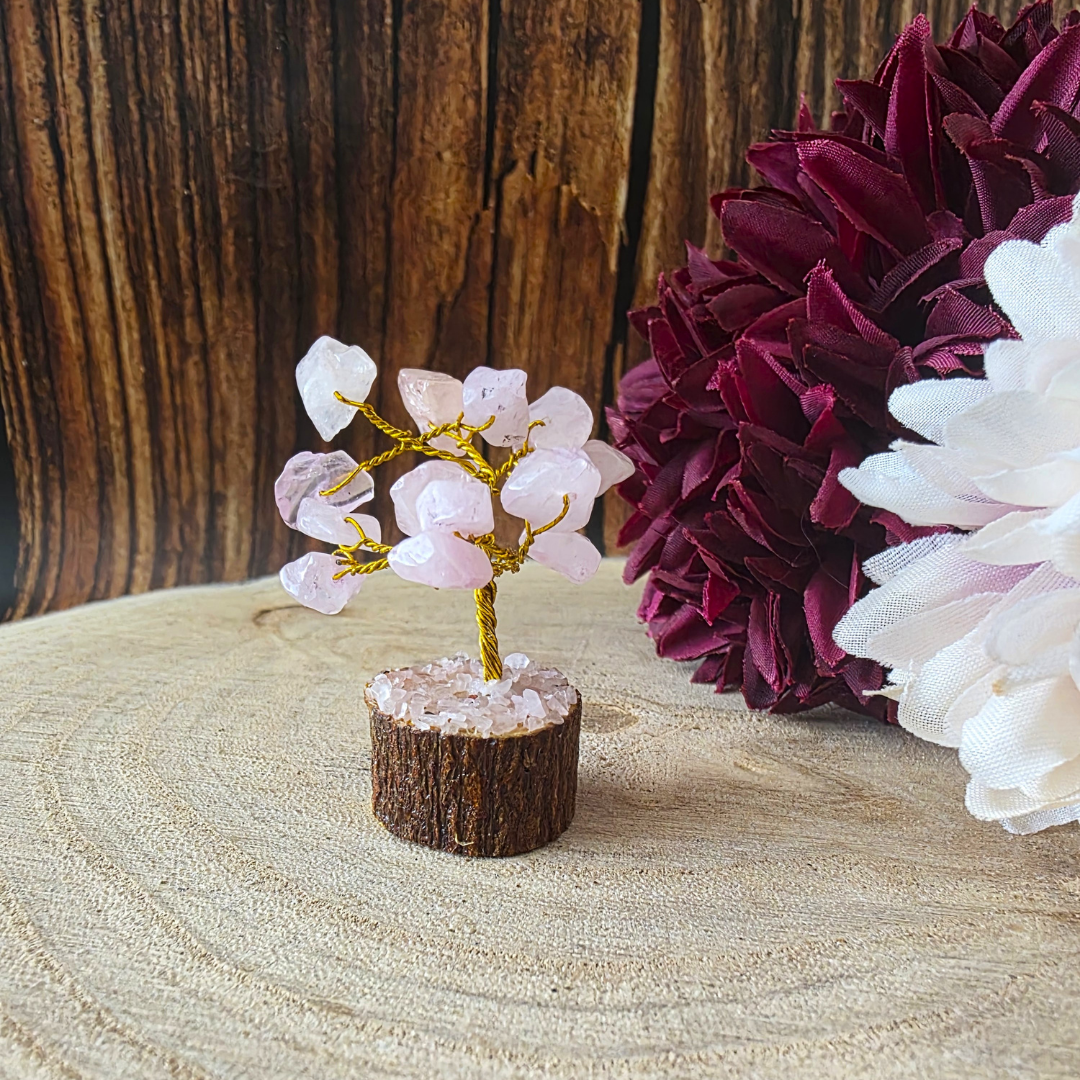 Mini Gemstone Trees on Wood Base - Rose Quartz