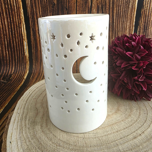 Iridescent White Crescent Moon Pillar Burner